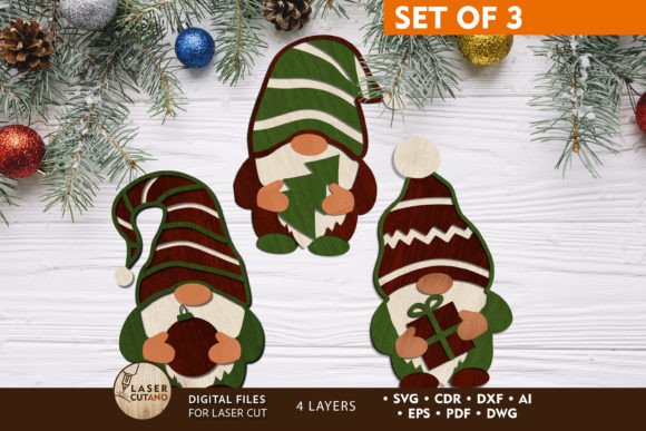 Charming GNOMES CHRISTMAS ORNAMENTS SET, Wood Cut